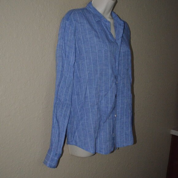 $258 Sz S Frank & Eileen Blue White Striped Linen Relaxed Fit Button Up Blouse - Picture 4 of 6